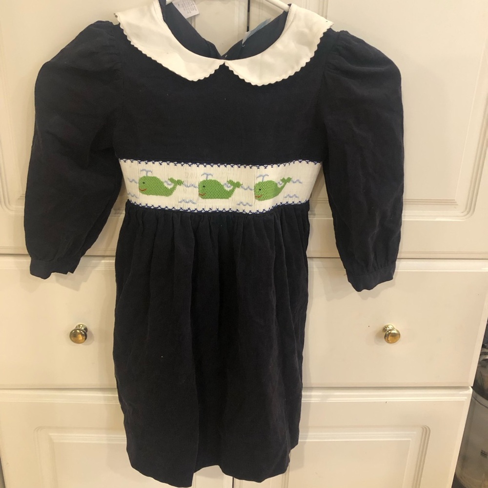Vintage curdoroy Navy Blue Whale Embroidered Kids Dress